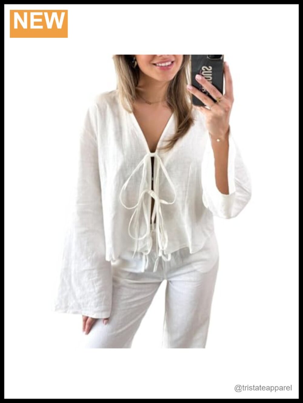 Women's Cotton Linen Lace Up V Neck Long Sleeve Blouse Bow Tie Flare Sleeve